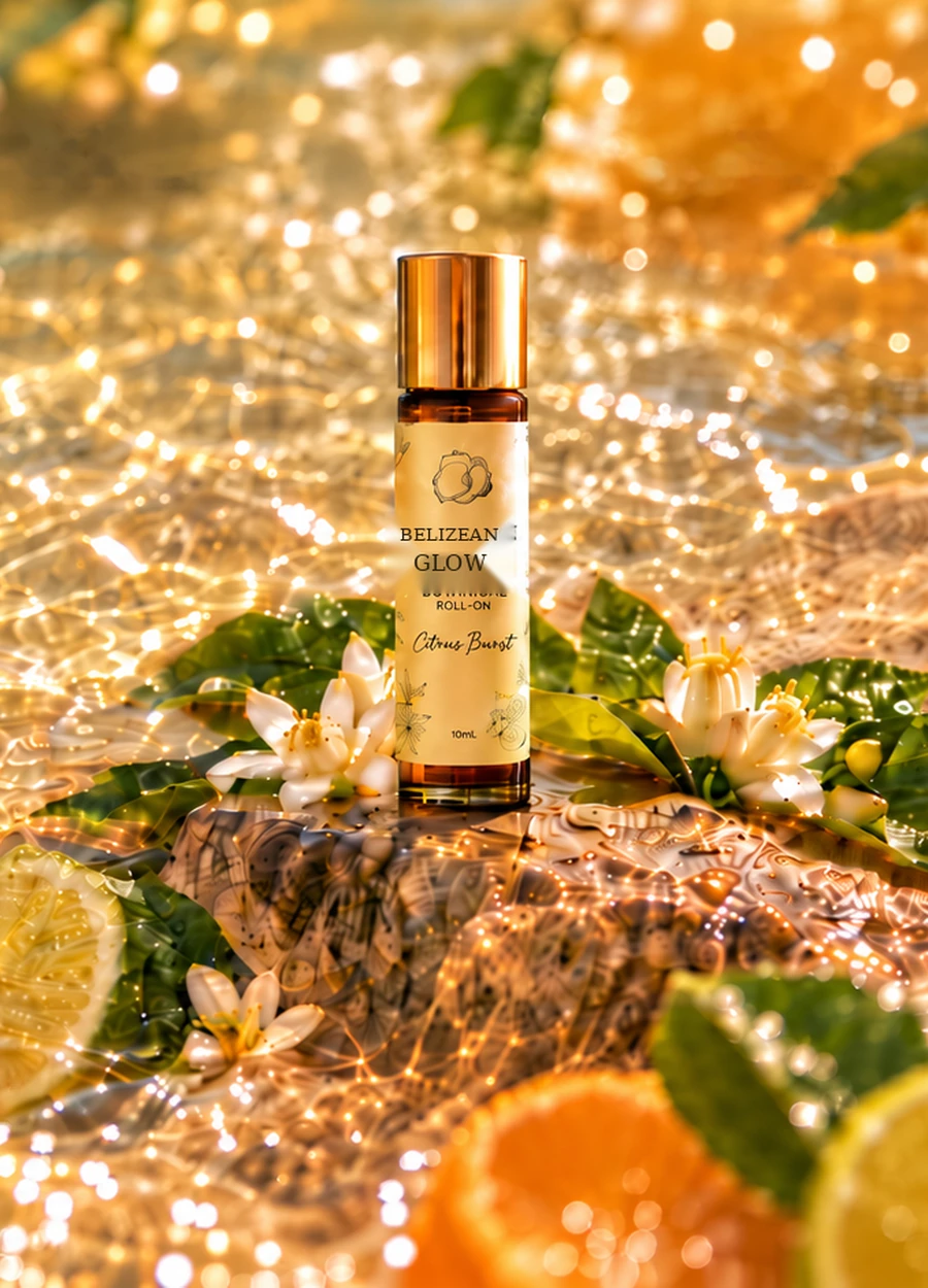 Citrus Burst bottle and tropical scenery