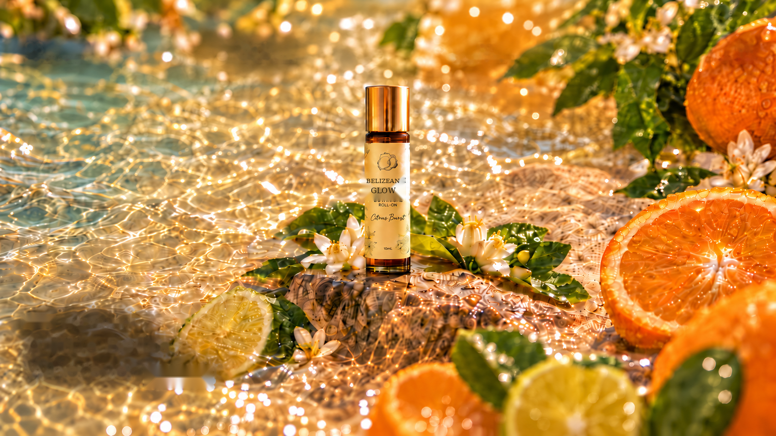 Citrus Burst roll-on bottle in a Belize-inspired tropical scene