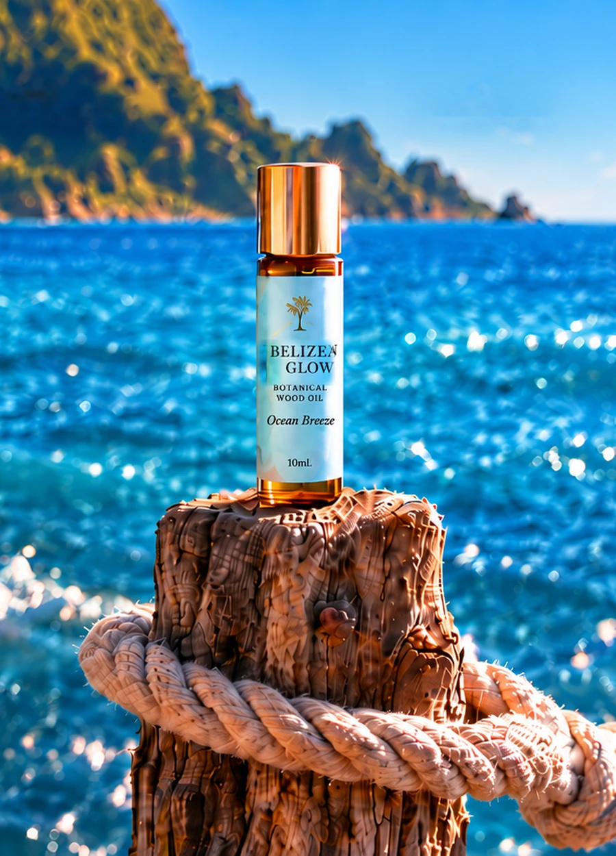Ocean Breeze bottle and tropical scenery