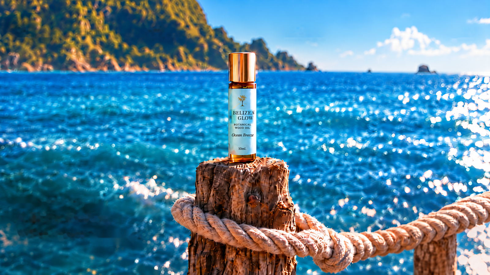 Ocean Breeze roll-on bottle in a Belize-inspired tropical scene
