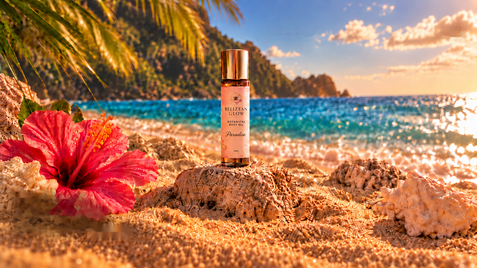 Paradise roll-on bottle in a Belize-inspired tropical scene